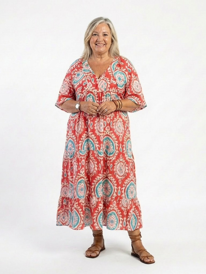 Zaria | Vestido midi con escote en V, manga corta y estampado de cachemira