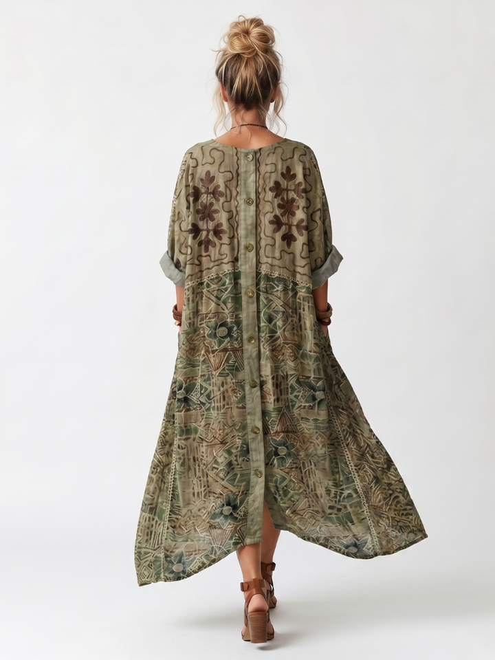 Aleta | Vestido Midi com Botões na Frente, Bordado e Bolso Oversized