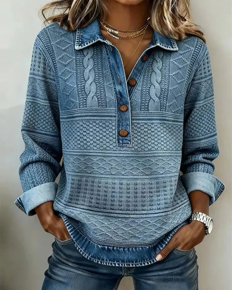 Velmora | Textured Knit Button-Collar Top