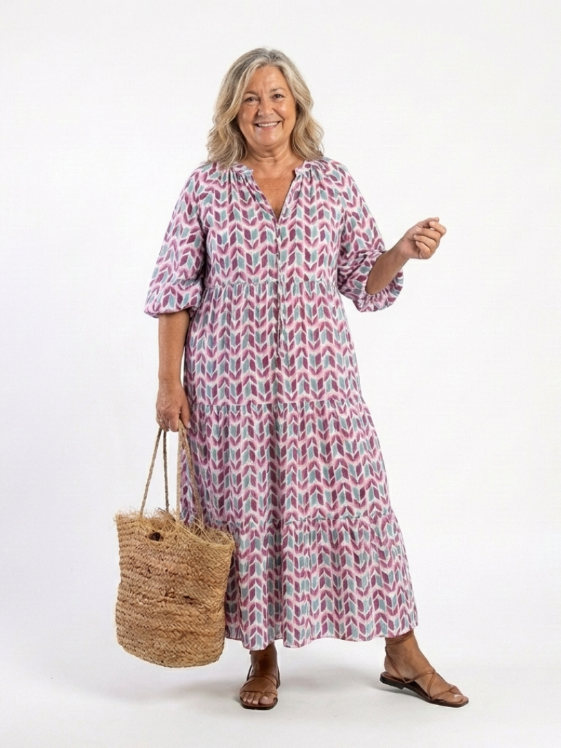 Mireya | Vestido midi a capas de manga larga con estampado geométrico