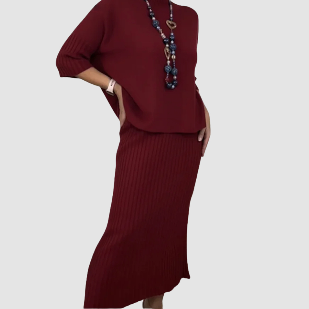 Conjunto elegante Delyssa de 2 piezas | Top holgado y falda midi acanalada
