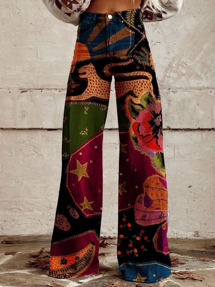 Olivia - Vintage Colourful Printed Wide Leg Pants
