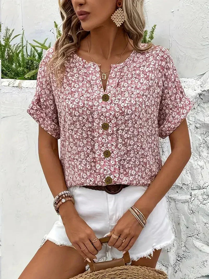 Wolena | Blusa con Muesca y Flores Silvestres