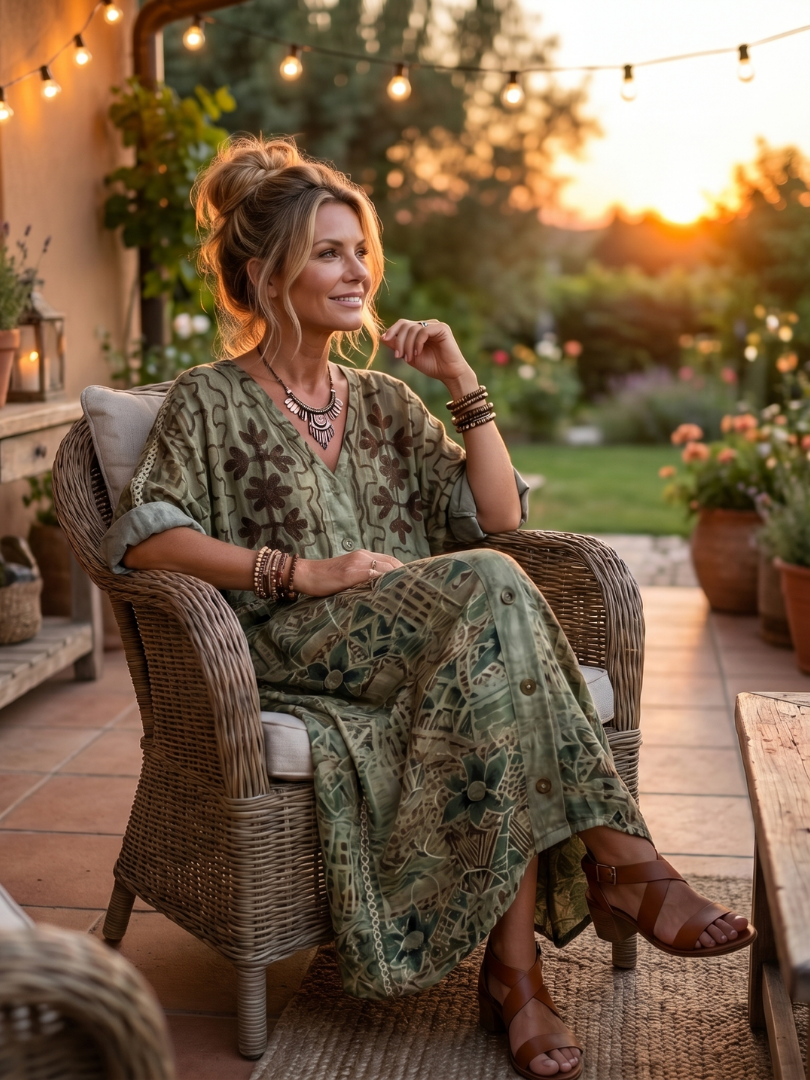 Aleta | Vestido Midi com Botões na Frente, Bordado e Bolso Oversized
