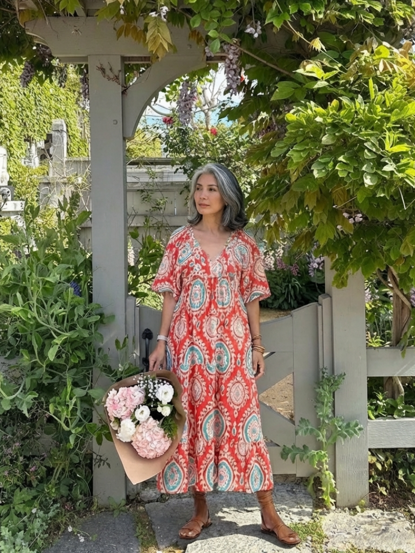 Zaria | Vestido midi con escote en V, manga corta y estampado de cachemira