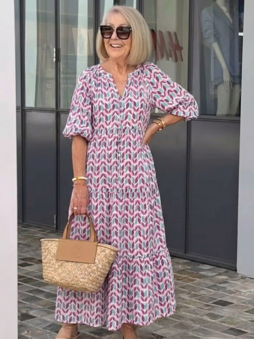 Mireya | Vestido midi a capas de manga larga con estampado geométrico