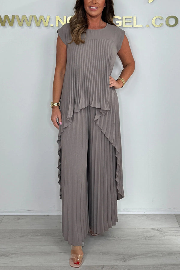 Conjunto de Top Midi Plisado Sherry y Pantalones de Pierna Ancha | Elegante Conjunto de Dos Piezas