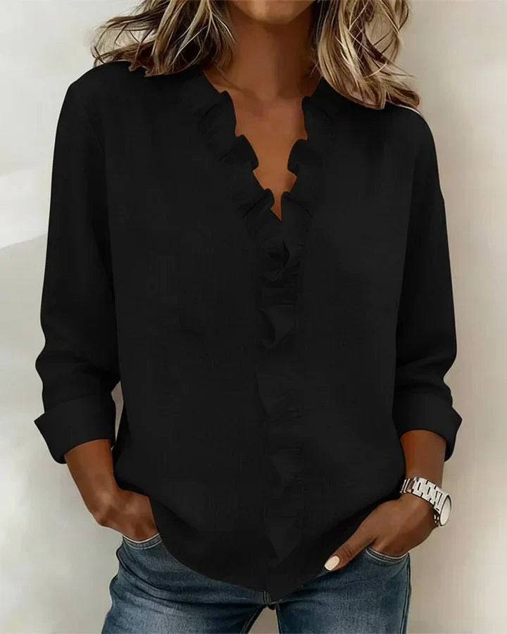 Susan | Blusa com babados, decote em V e mangas longas
