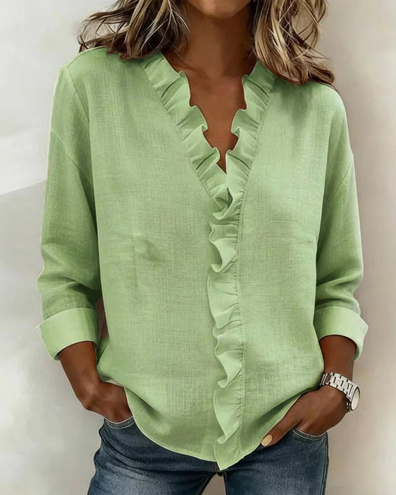 Susan | Blusa com babados, decote em V e mangas longas