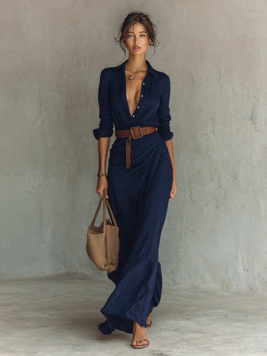 Vestido Maxi de Manga Larga con Solapa, Botones y Cinturón