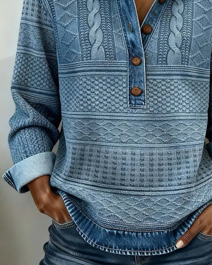 Velmora | Textured Knit Button-Collar Top