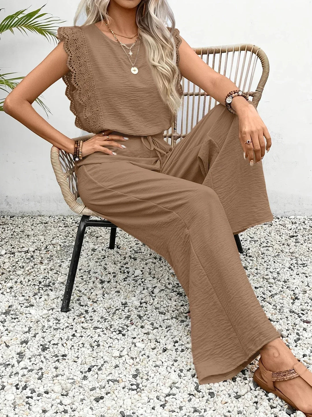 Zella Elegant Two-Piece Set | Lace-Trimmed Top and Wide-Leg Trousers