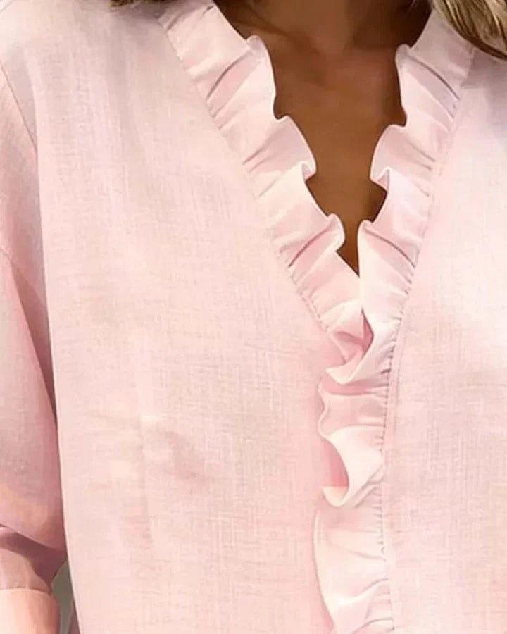 Susan | Blusa com babados, decote em V e mangas longas