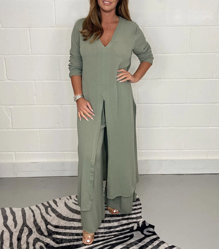 Conjunto cómodo Cherly de dos piezas | Blusa fluida y pantalones de pierna ancha
