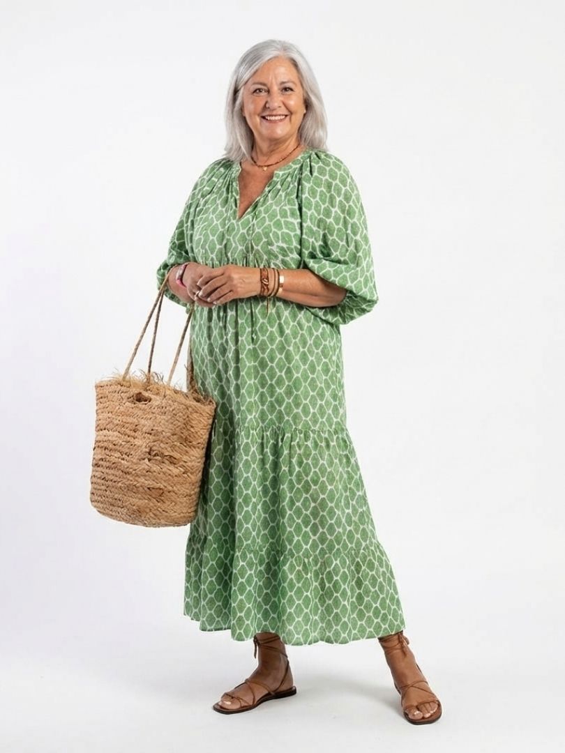 Apolline | Vestido Midi Estampado con Escote en V y Manga Tres Cuartos
