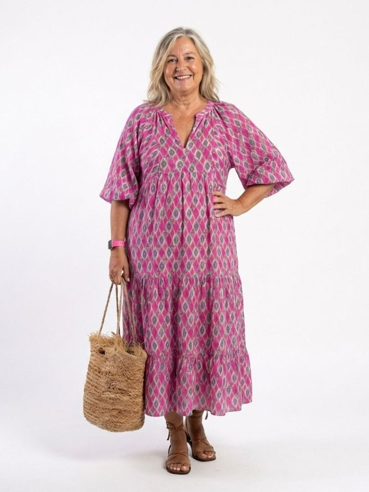 Apolline | Vestido Midi Estampado con Escote en V y Manga Tres Cuartos