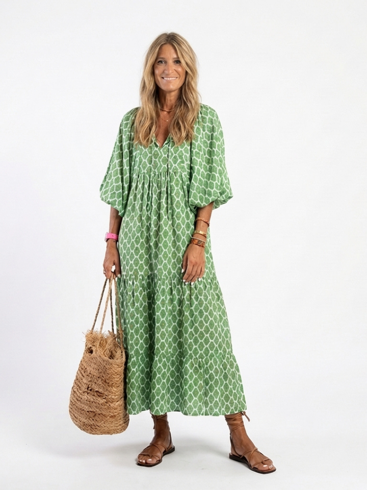 Apolline | Vestido Midi Estampado con Escote en V y Manga Tres Cuartos
