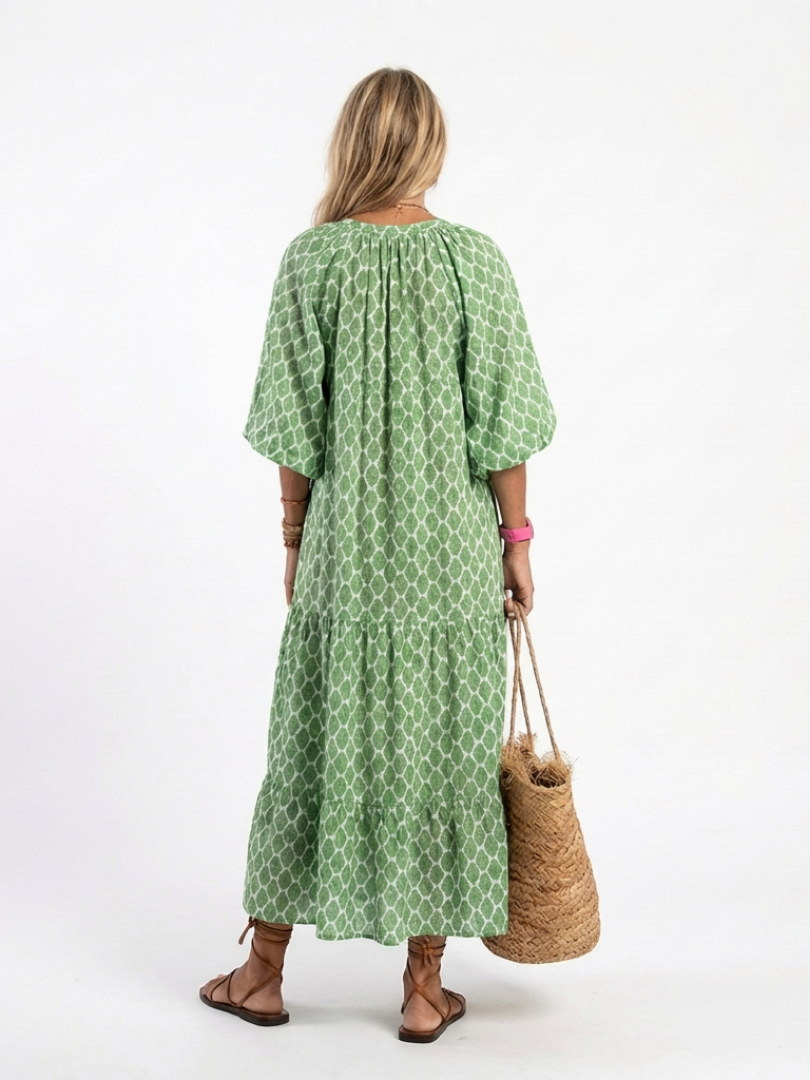 Apolline | Vestido Midi Estampado con Escote en V y Manga Tres Cuartos