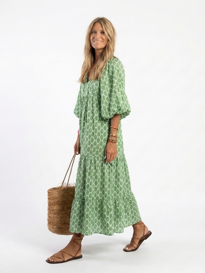Apolline | Vestido Midi Estampado con Escote en V y Manga Tres Cuartos