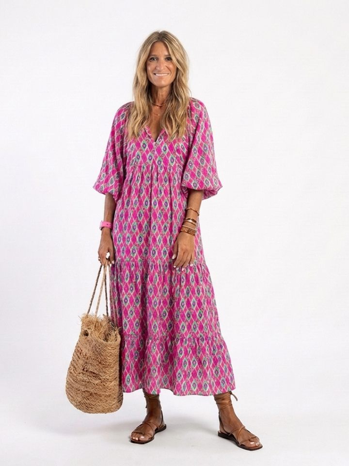 Apolline | Vestido Midi Estampado con Escote en V y Manga Tres Cuartos
