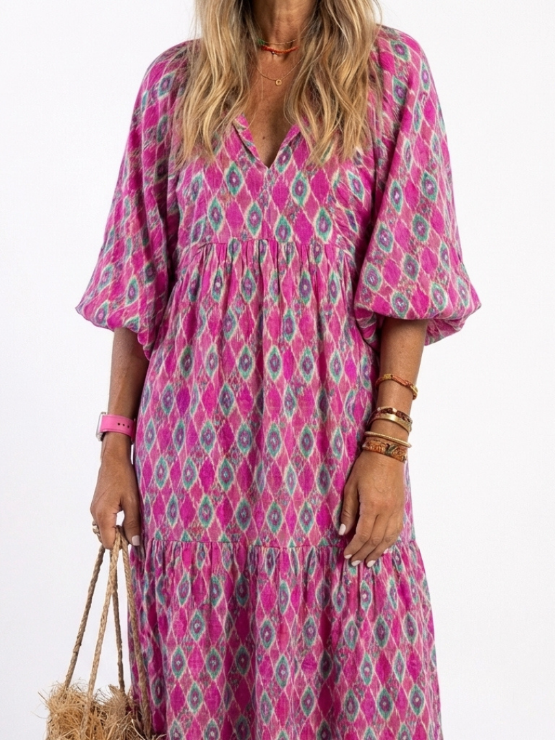 Apolline | Vestido Midi Estampado con Escote en V y Manga Tres Cuartos