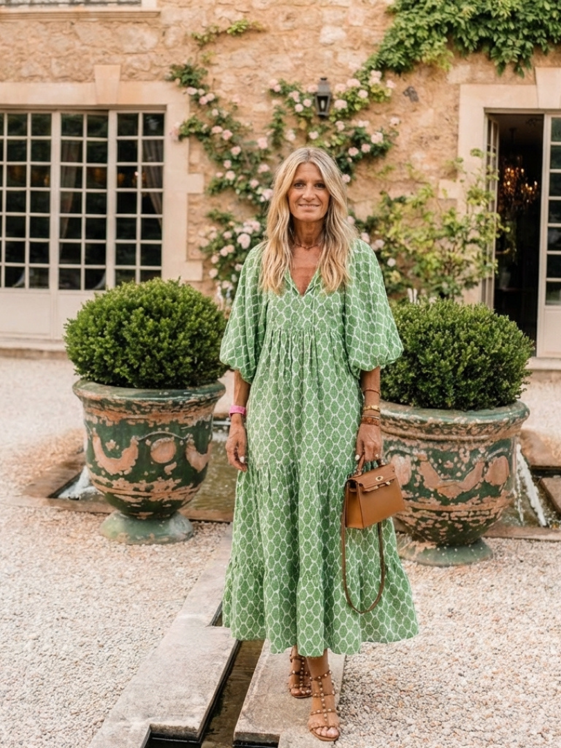 Apolline | Vestido Midi Estampado con Escote en V y Manga Tres Cuartos