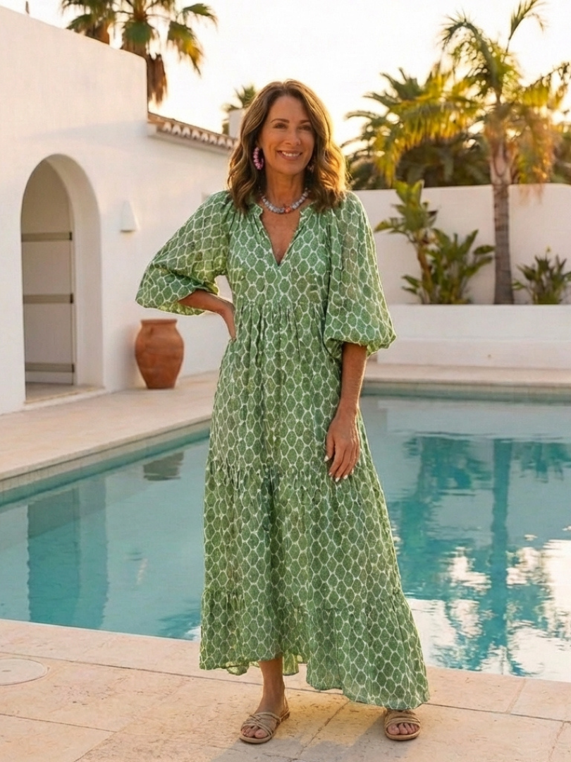 Apolline | Vestido Midi Estampado con Escote en V y Manga Tres Cuartos