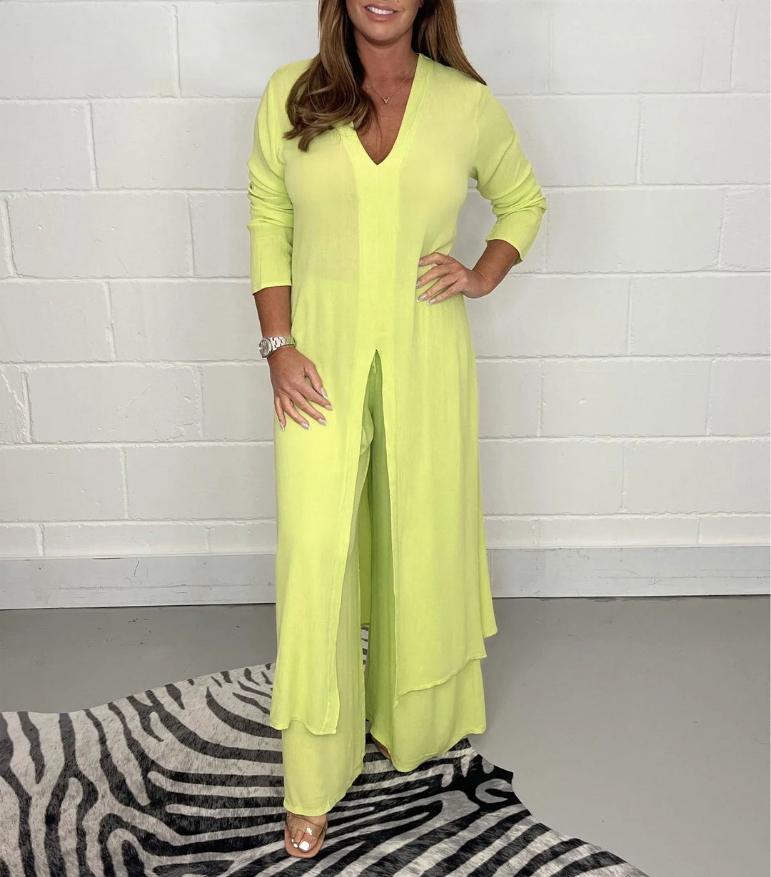 Conjunto cómodo Cherly de dos piezas | Blusa fluida y pantalones de pierna ancha