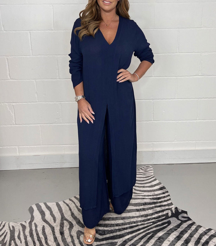 Conjunto cómodo Cherly de dos piezas | Blusa fluida y pantalones de pierna ancha