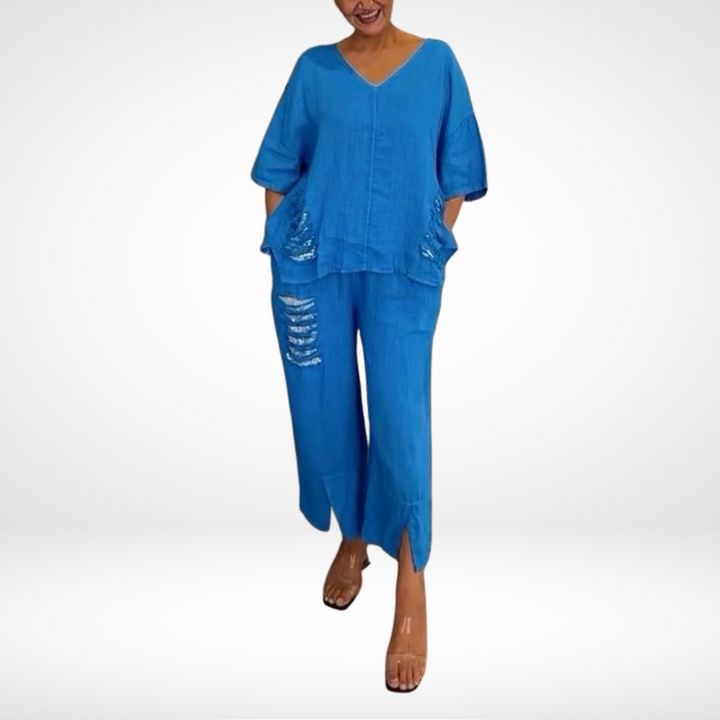 Conjunto de verano elegante Briella de dos piezas | Top con escote en V y pantalones de pierna ancha