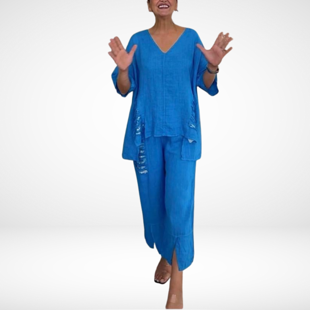 Conjunto de verano elegante Briella de dos piezas | Top con escote en V y pantalones de pierna ancha
