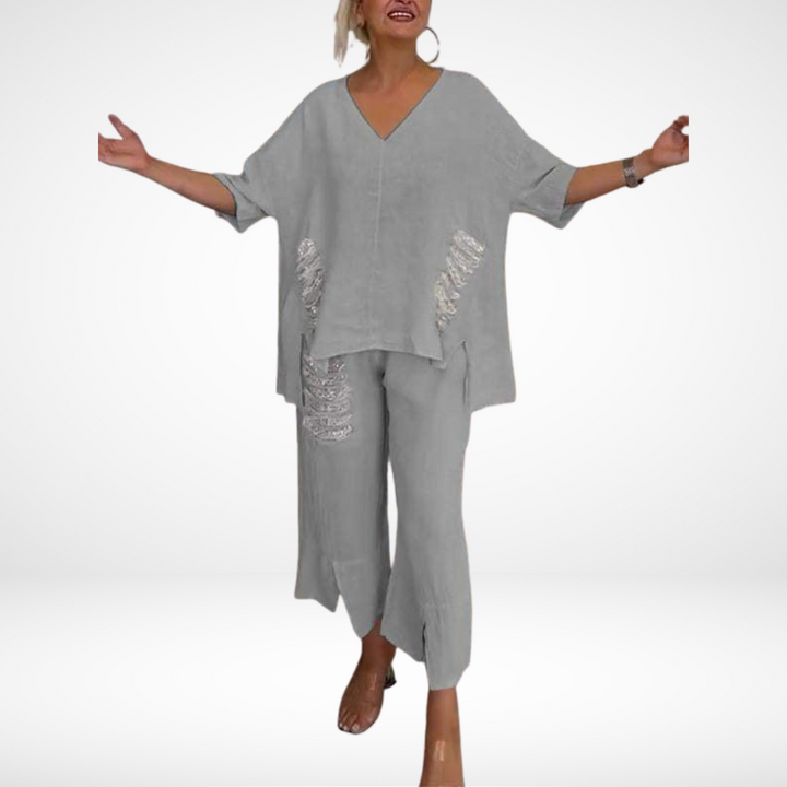 Conjunto de verano elegante Briella de dos piezas | Top con escote en V y pantalones de pierna ancha