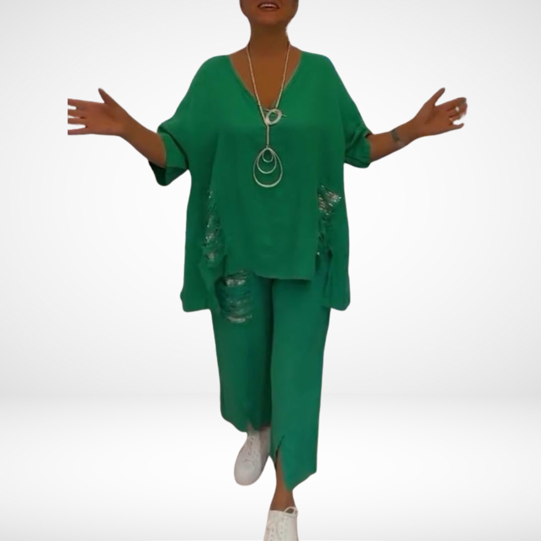 Conjunto de verano elegante Briella de dos piezas | Top con escote en V y pantalones de pierna ancha