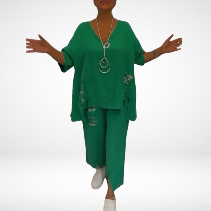 Conjunto de verano elegante Briella de dos piezas | Top con escote en V y pantalones de pierna ancha