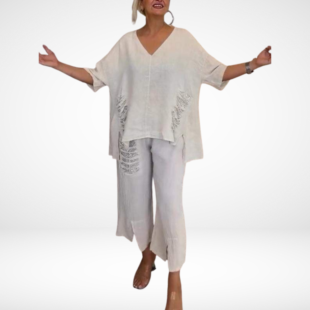 Conjunto de verano elegante Briella de dos piezas | Top con escote en V y pantalones de pierna ancha