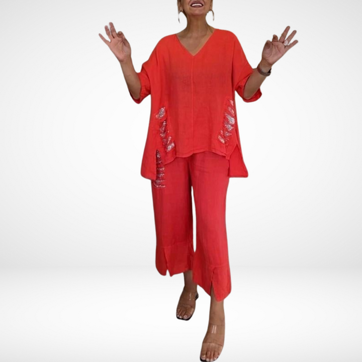 Conjunto de verano elegante Briella de dos piezas | Top con escote en V y pantalones de pierna ancha