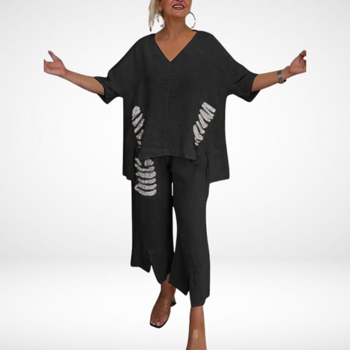 Conjunto de verano elegante Briella de dos piezas | Top con escote en V y pantalones de pierna ancha