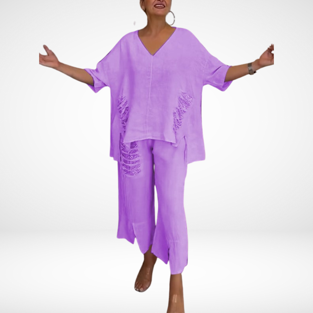 Conjunto de verano elegante Briella de dos piezas | Top con escote en V y pantalones de pierna ancha