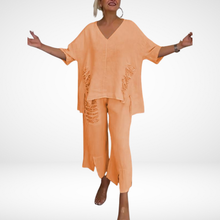 Conjunto de verano elegante Briella de dos piezas | Top con escote en V y pantalones de pierna ancha