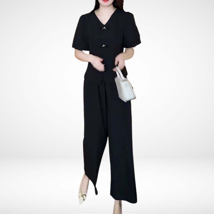 Elsie Elegant Short-Sleeve Two-Piece Set | V-Neck Top and Wide-Leg Pants