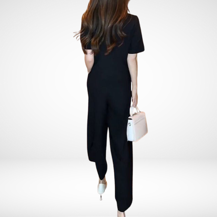 Elsie Elegant Short-Sleeve Two-Piece Set | V-Neck Top and Wide-Leg Pants