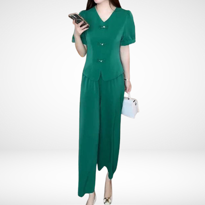 Elsie Elegant Short-Sleeve Two-Piece Set | V-Neck Top and Wide-Leg Pants