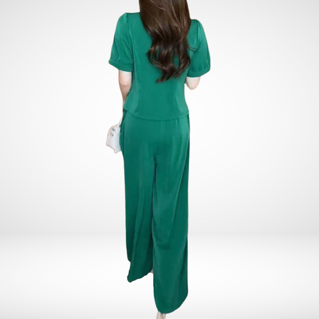 Elsie Elegant Short-Sleeve Two-Piece Set | V-Neck Top and Wide-Leg Pants