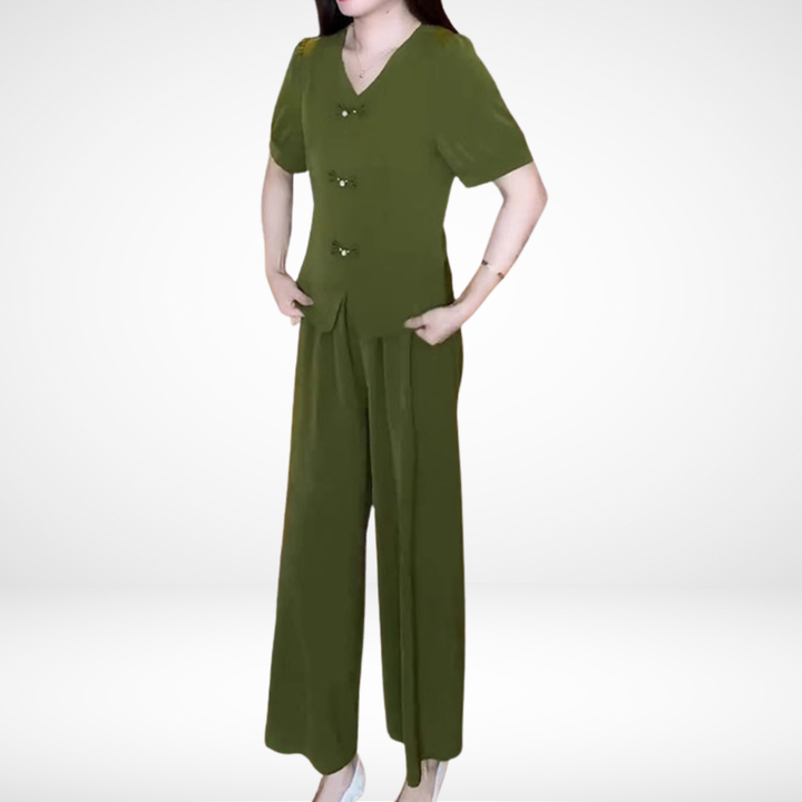 Elsie Elegant Short-Sleeve Two-Piece Set | V-Neck Top and Wide-Leg Pants