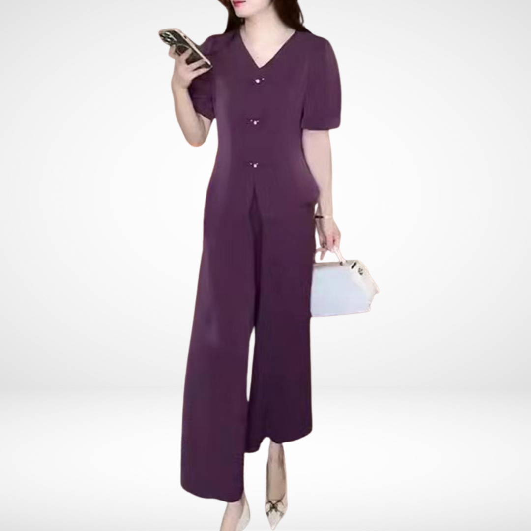 Elsie Elegant Short-Sleeve Two-Piece Set | V-Neck Top and Wide-Leg Pants