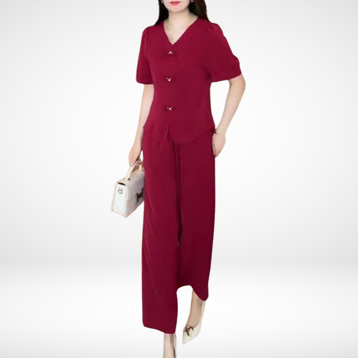 Elsie Elegant Short-Sleeve Two-Piece Set | V-Neck Top and Wide-Leg Pants