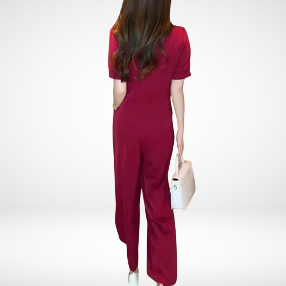 Elsie Elegant Short-Sleeve Two-Piece Set | V-Neck Top and Wide-Leg Pants