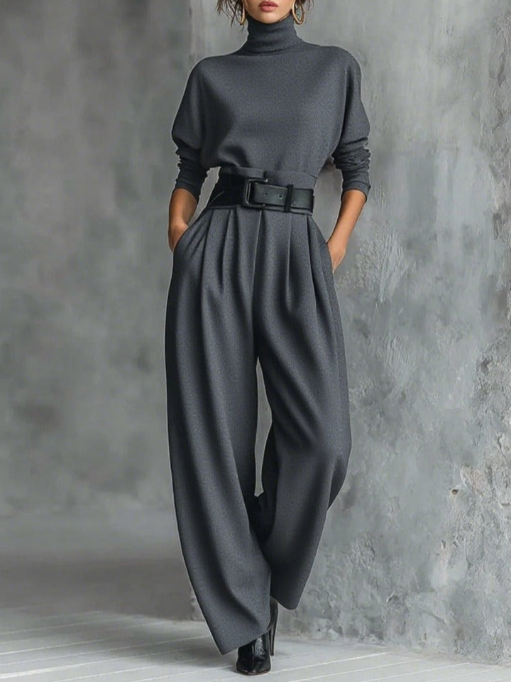 Jessica Elegant Top &amp; Straight-Leg Pants Set | Fitted Turtleneck and Tailored Trousers