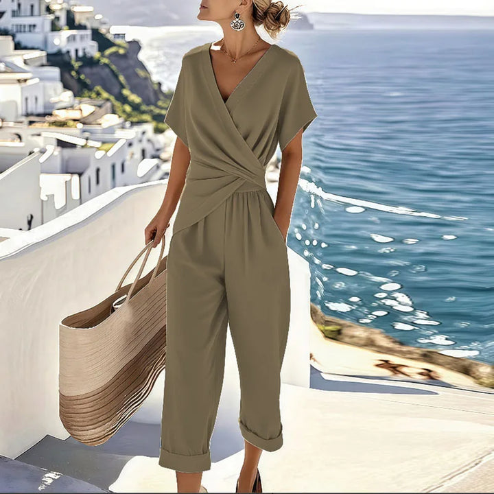Conjunto Elegante Colleen de Duas Peças | Blusa Transpassada e Calça Cropped