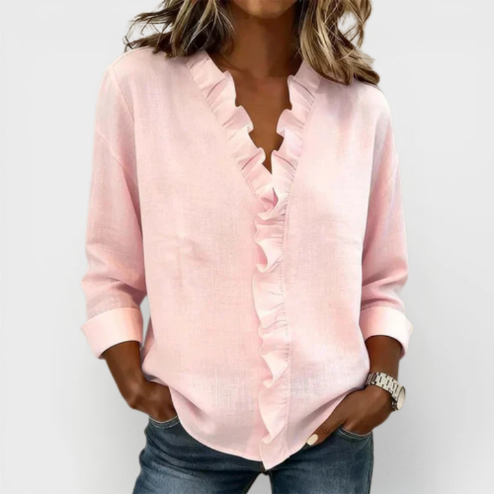 Susan | Blusa com babados, decote em V e mangas longas